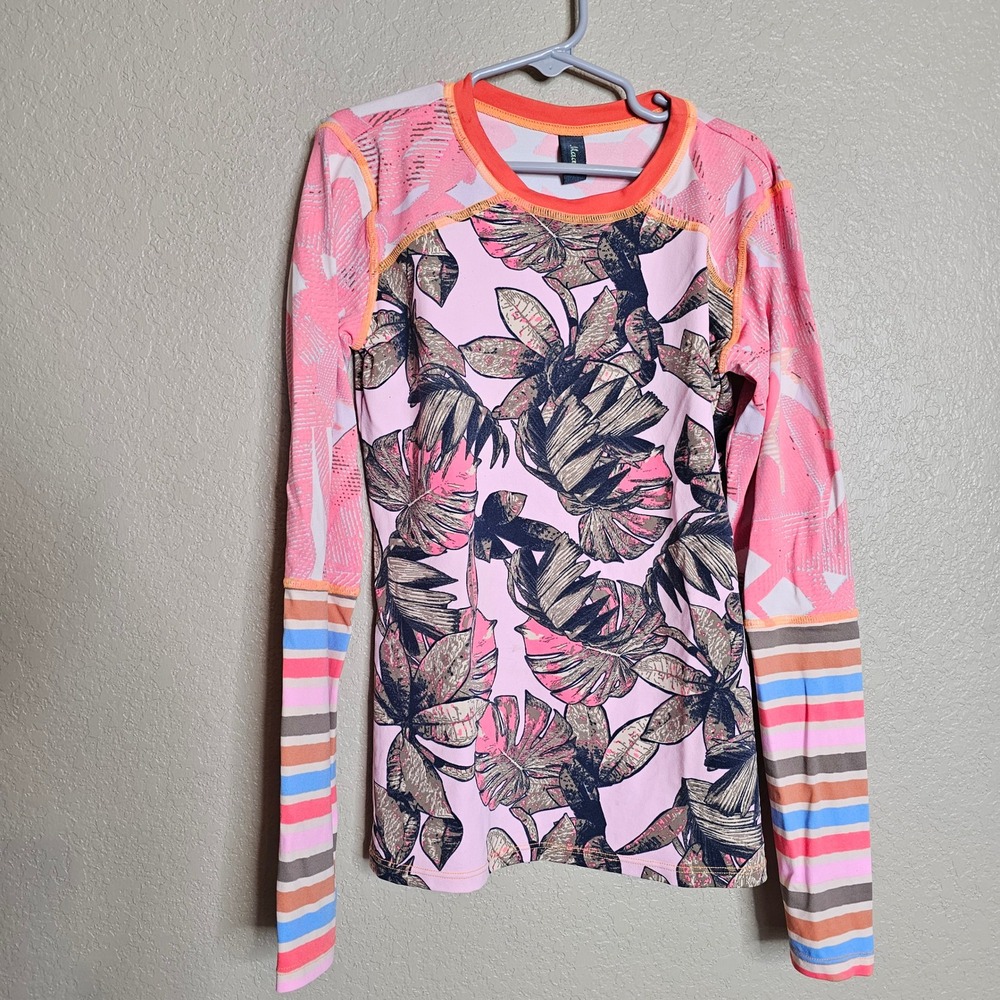 Maaji Girls Tropical Floral Stripe Long Sleeve Rash Guard Swim Top Size 14 Pink